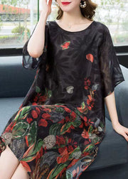 Elegant Black O Neck Print Patchwork Chiffon Mid Dress Summer