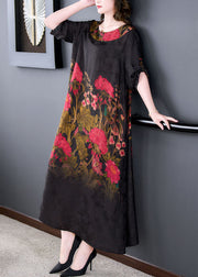 Elegant Black O Neck Print Patchwork Silk Long Dress Summer