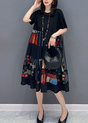 Elegant Black O-Neck Print Patchwork Tulle Long Dress Short Sleeve