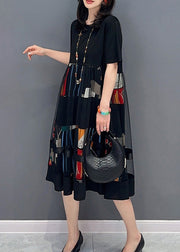 Elegant Black O-Neck Print Patchwork Tulle Long Dress Short Sleeve