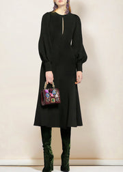 Elegant Black O-Neck Solid Cotton Dress Lantern Sleeve