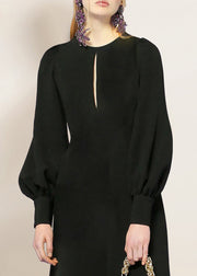 Elegant Black O-Neck Solid Cotton Dress Lantern Sleeve