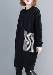 Elegant Black O-Neck Striped Patchwork Mid Dress Long Sleeve