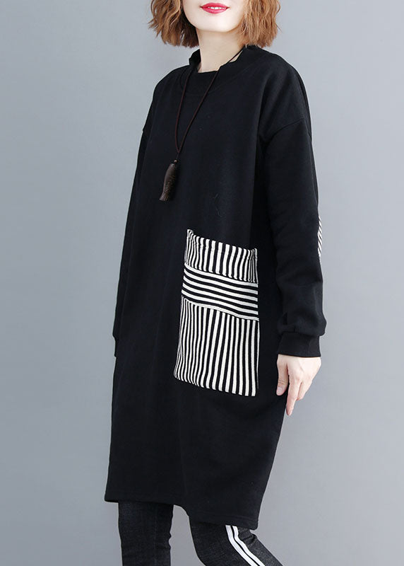 Elegant Black O-Neck Striped Patchwork Mid Dress Long Sleeve