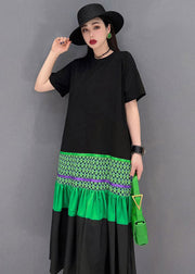 Elegant Black O-Neck T Shirt Patchwork Fishtail Dress Short Sleeve