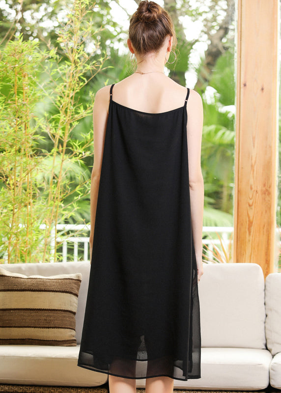 Elegant Black Oversized Diamond Chiffon Spaghetti Strap Dress Summer