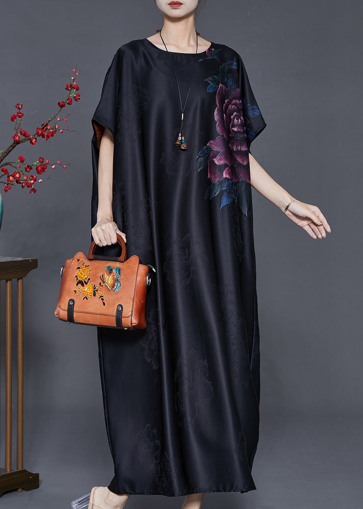 Elegant Black Oversized Floral Jacquard Silk Dresses Summer