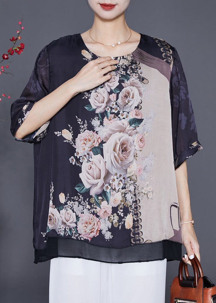 Elegant Black Oversized Print Chiffon Fake Two Piece Blouse Tops Summer