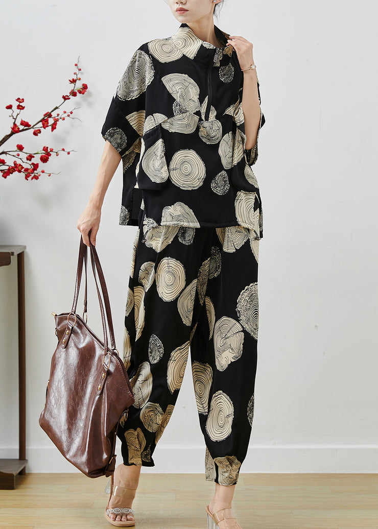 Elegant Black Oversized Print Chiffon Two Piece Set Summer