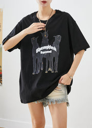 Elegant Black Oversized Print Cotton Tops Summer