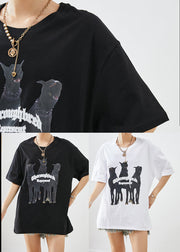 Elegant Black Oversized Print Cotton Tops Summer