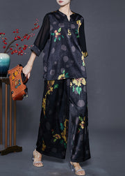 Elegant Black Oversized Print Draping Silk Two Pieces Set