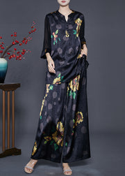 Elegant Black Oversized Print Draping Silk Two Pieces Set