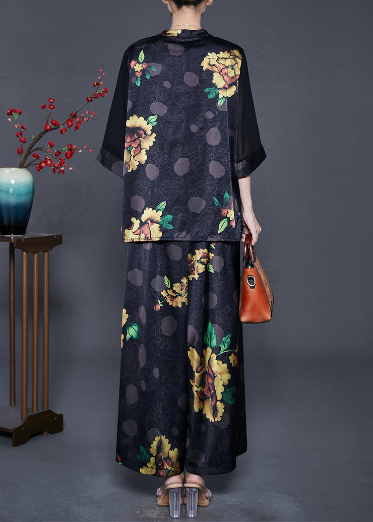 Elegant Black Oversized Print Draping Silk Two Pieces Set