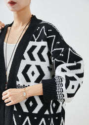 Elegant Black Oversized Print Knit Long Cardigans Fall