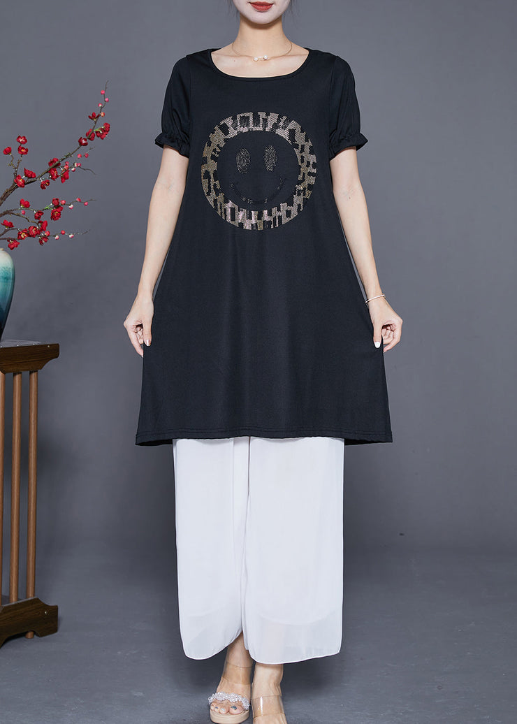 Elegant Black Oversized Smiling Face Zircon Chiffon Dresses Summer