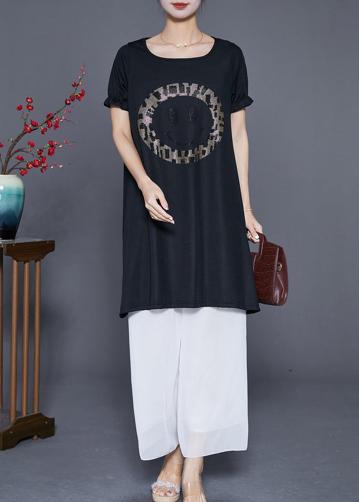 Elegant Black Oversized Smiling Face Zircon Chiffon Dresses Summer