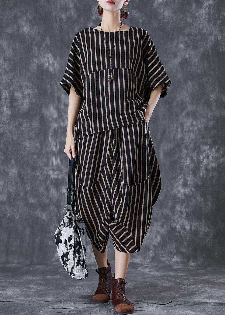 Elegant Black Oversized Striped Linen Women Sets 2 Pieces Summer