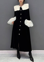 Elegant Black Peter Pan Collar Patchwork Nail Bead Silk Velour Dresses Spring