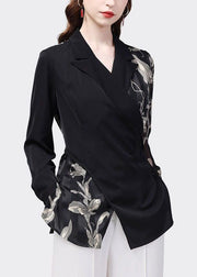 Elegant Black Peter Pan Collar Patchwork Print Chiffon Shirt Top Spring