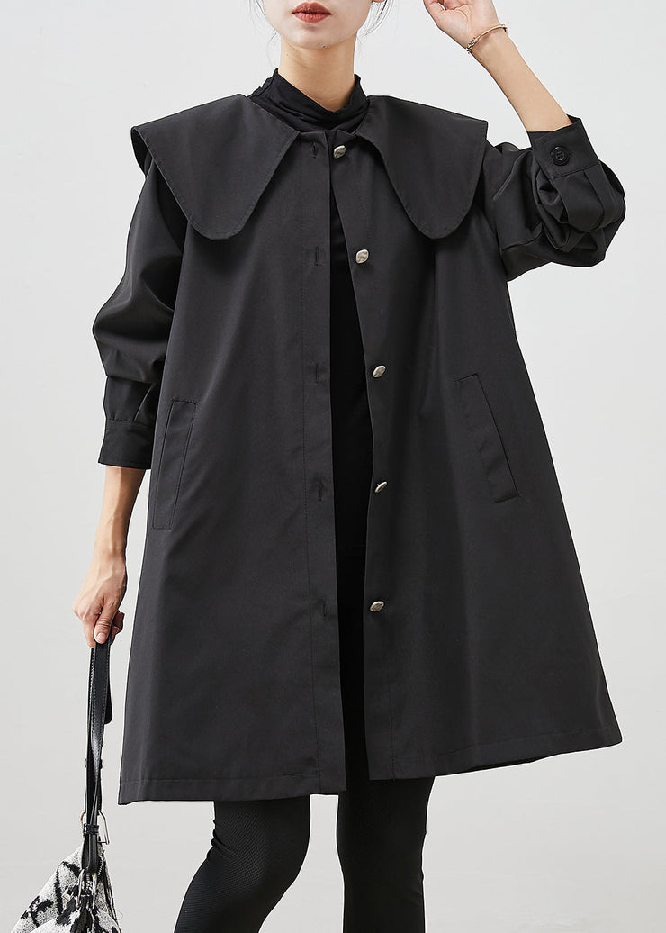 Elegant Black Peter Pan Collar Pockets Cotton Coat Outwear Fall