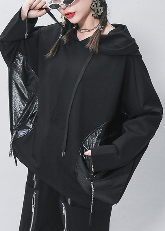 Elegant Black Pockets Patchwork Drawstring Pullover Batwing Sleeve