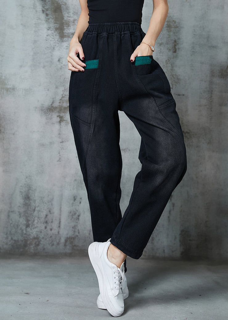 Elegant Black Pockets Warm Fleece Denim Pants Spring