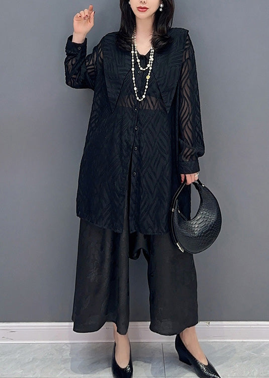 Elegant Black Print Button Chiffon Shirts And Wide Leg Pants Two Pieces Set Summer