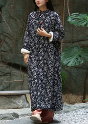 Elegant Black Print Button Patchwork Warm Fleece Maxi Dresses Winter