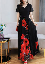 Elegant Black Print Chiffon Maxi Holiday Dress Summer