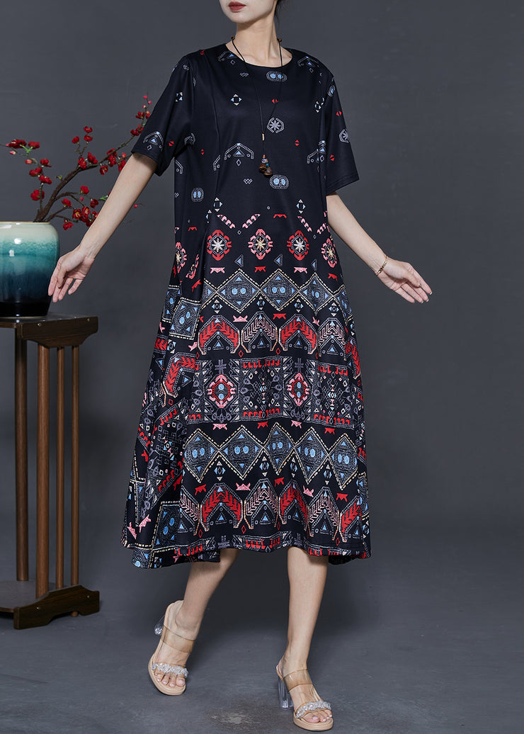 Elegant Black Print Exra Large Hem Silk Dresses Summer