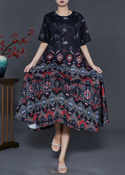 Elegant Black Print Exra Large Hem Silk Dresses Summer