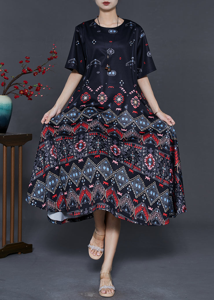 Elegant Black Print Exra Large Hem Silk Dresses Summer