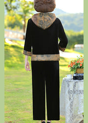 Elegant Black Print Patchwork Hooded Silk Velour Top And Wide Leg Pants Two Pieces Set Fall