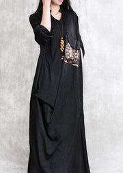 Elegant Black Print Patchwork Linen Maxi Dress Half Sleeve