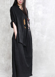 Elegant Black Print Patchwork Linen Maxi Dress Half Sleeve