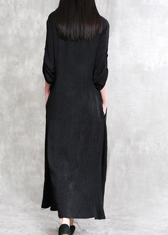 Elegant Black Print Patchwork Linen Maxi Dress Half Sleeve