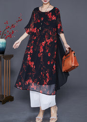 Elegant Black Print Patchwork Ruffles Chiffon Dresses Summer