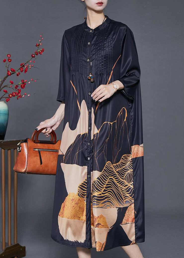 Elegant Black Print Wrinkled Silk Shirt Dress Summer