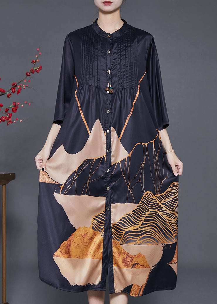 Elegant Black Print Wrinkled Silk Shirt Dress Summer