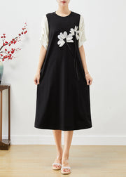 Elegant Black Puff Sleeve Patchwork Floral Applique Spandex Dress