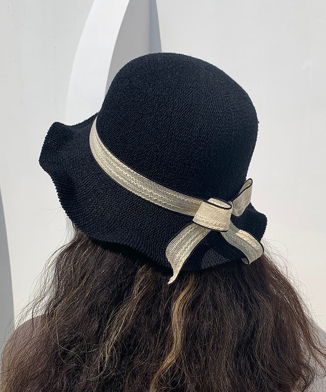 Elegant Black Ruffled Bow Straw Woven Floppy Sun Hat