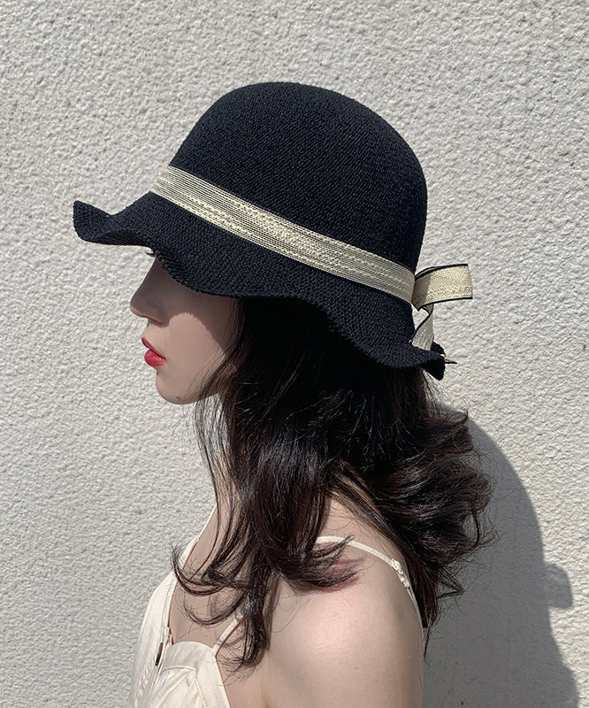 Elegant Black Ruffled Bow Straw Woven Floppy Sun Hat