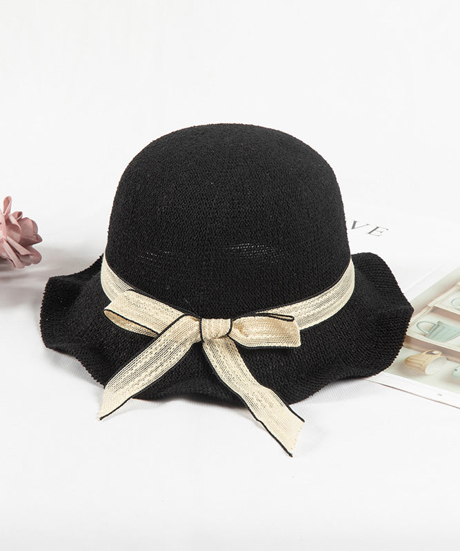 Elegant Black Ruffled Bow Straw Woven Floppy Sun Hat