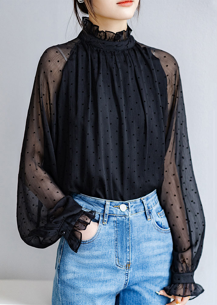 Elegant Black Ruffled Dot Thin Chiffon Shirts Fall