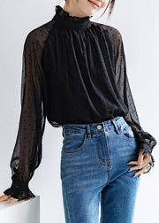 Elegant Black Ruffled Dot Thin Chiffon Shirts Fall