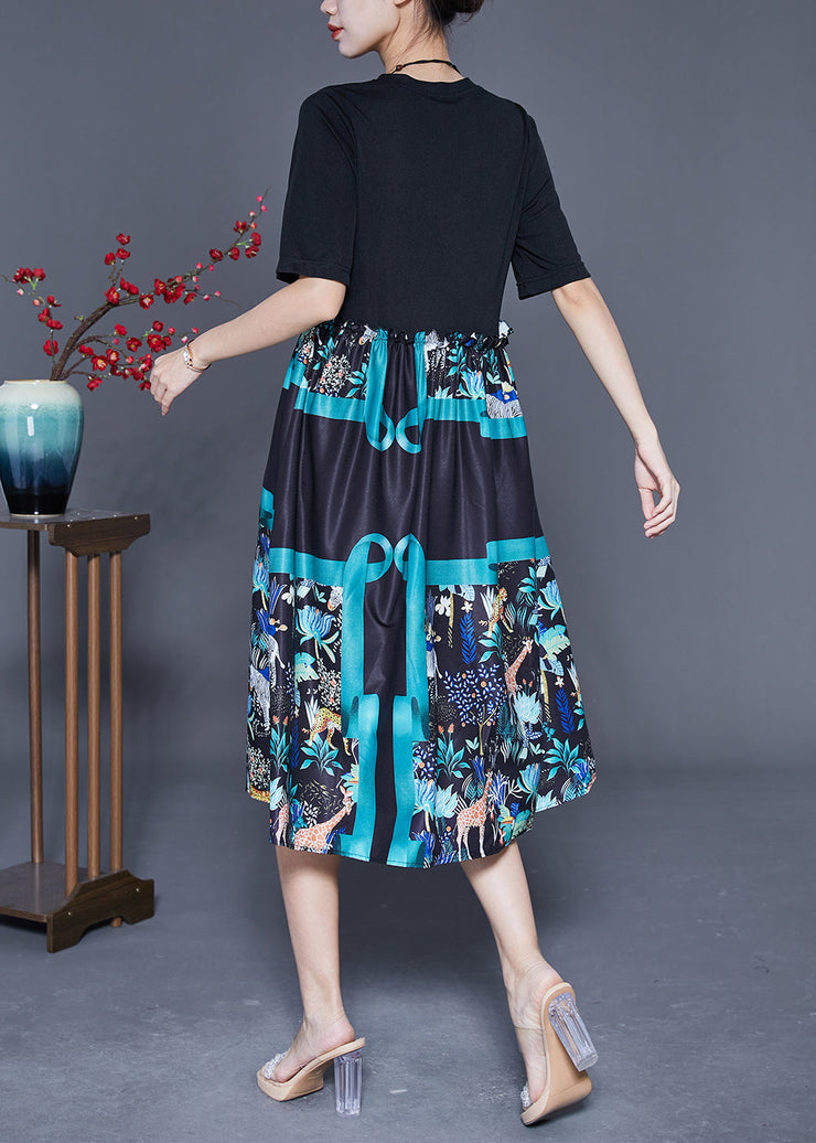 Elegant Black Ruffled Patchwork Print Cotton Dress Summer