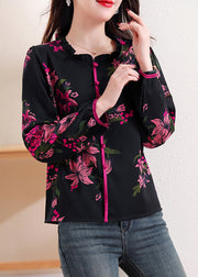 Elegant Black Ruffled Print Chiffon Top Long Sleeve