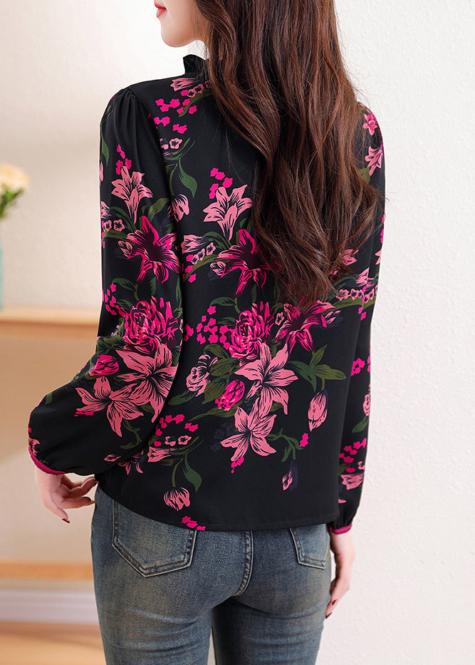 Elegant Black Ruffled Print Chiffon Top Long Sleeve