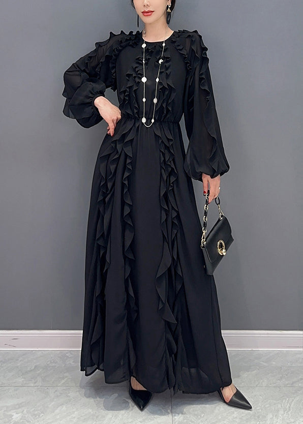 Elegant Black Ruffles Cinched Chiffon Maxi Dresses Spring